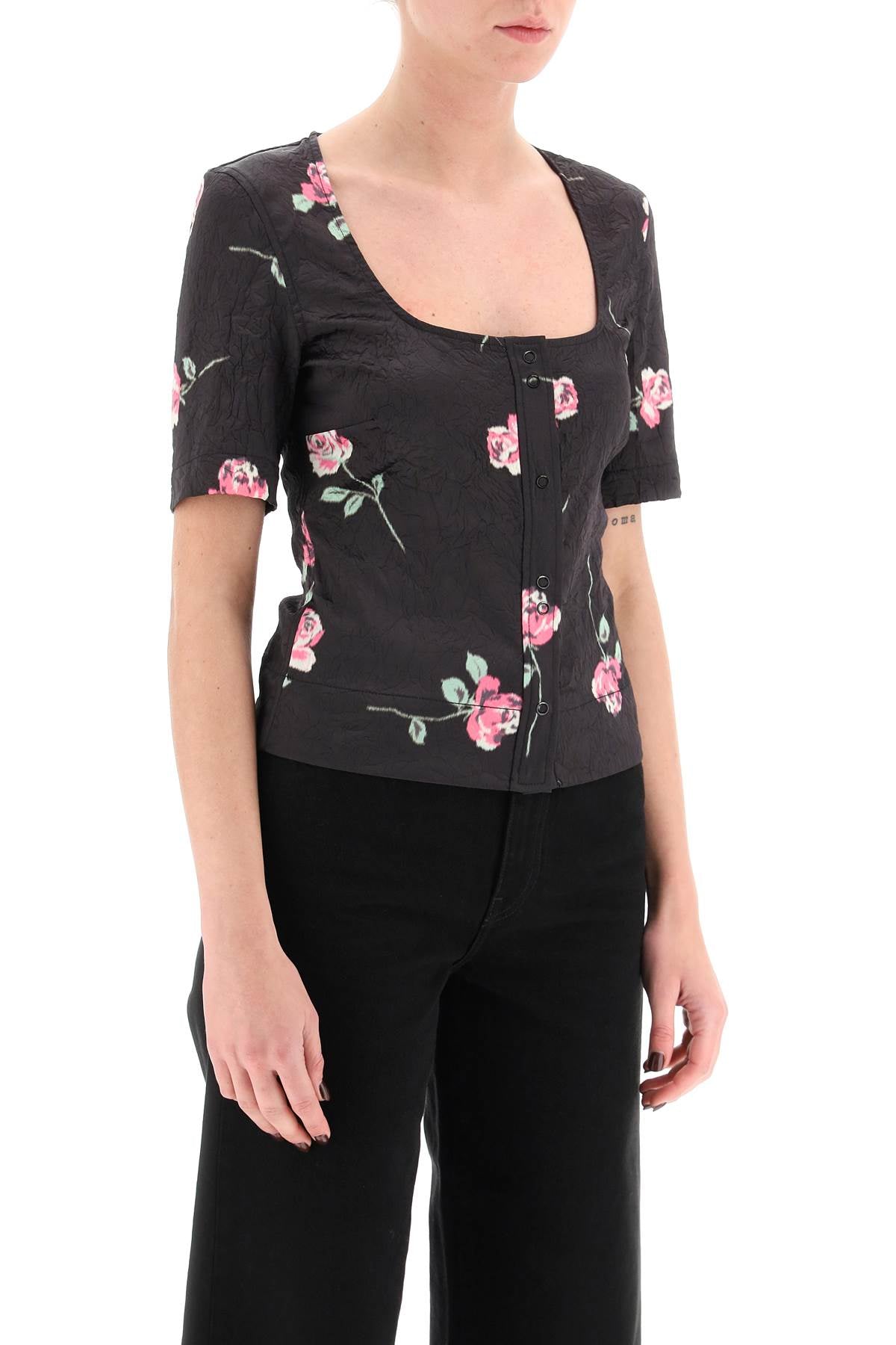 Ganni Ganni floral crinkle-effect satin top