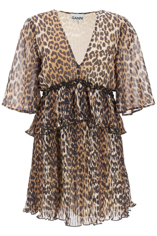 Ganni Ganni pleated mini dress with leopard motif