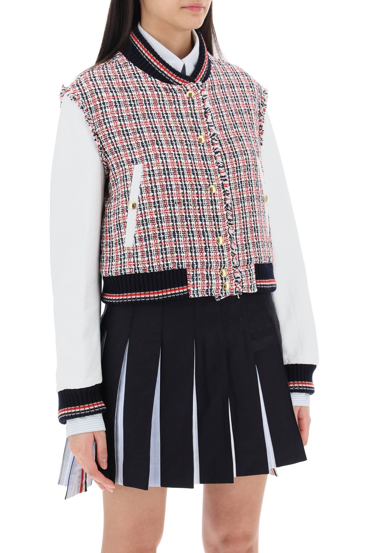 Thom Browne Thom browne tweed bomber jacket with leather sleeves