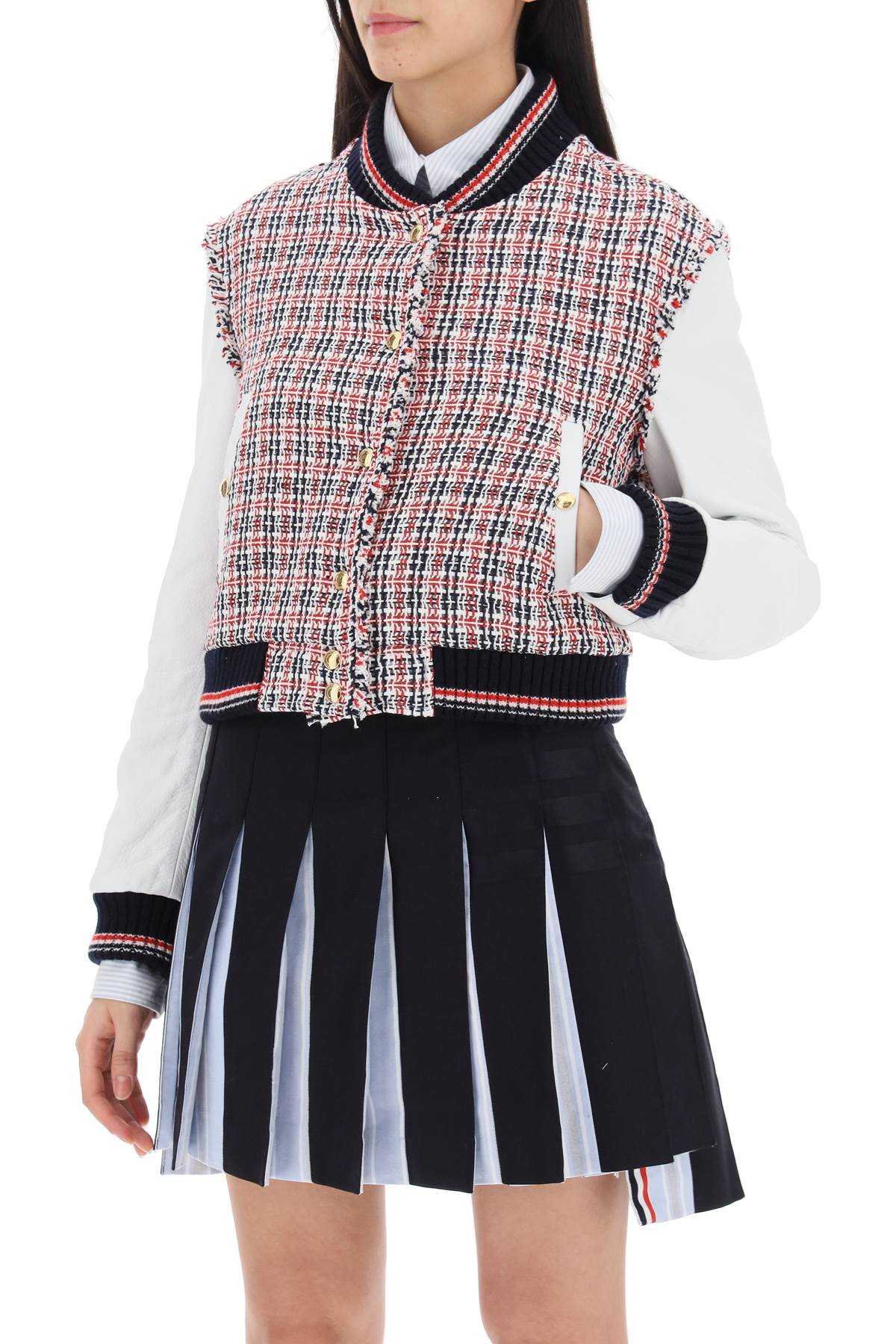 Thom Browne Thom browne tweed bomber jacket with leather sleeves