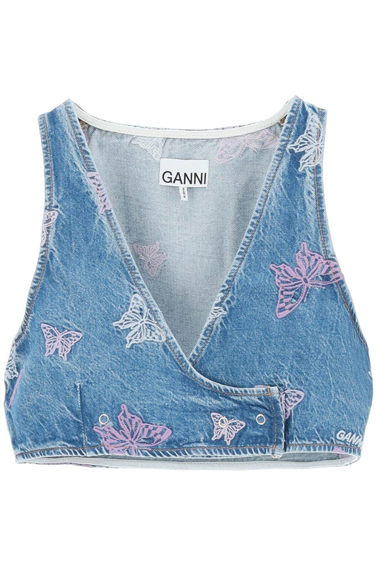 Ganni Ganni butterfly denim cropped top