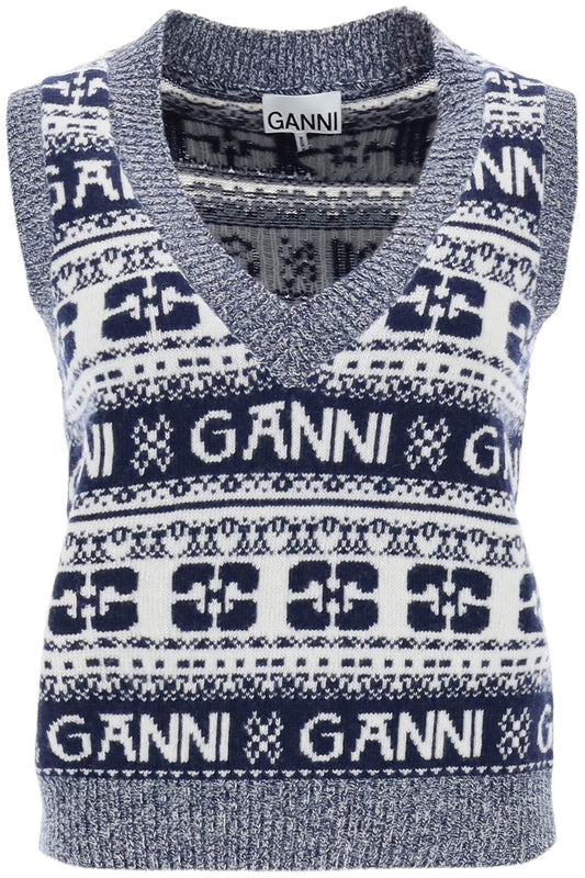 Ganni Ganni jacquard wool vest with logo pattern