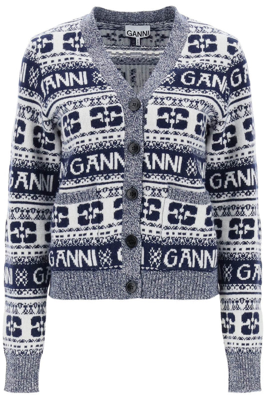 Ganni Ganni jacquard wool cardigan with logo pattern