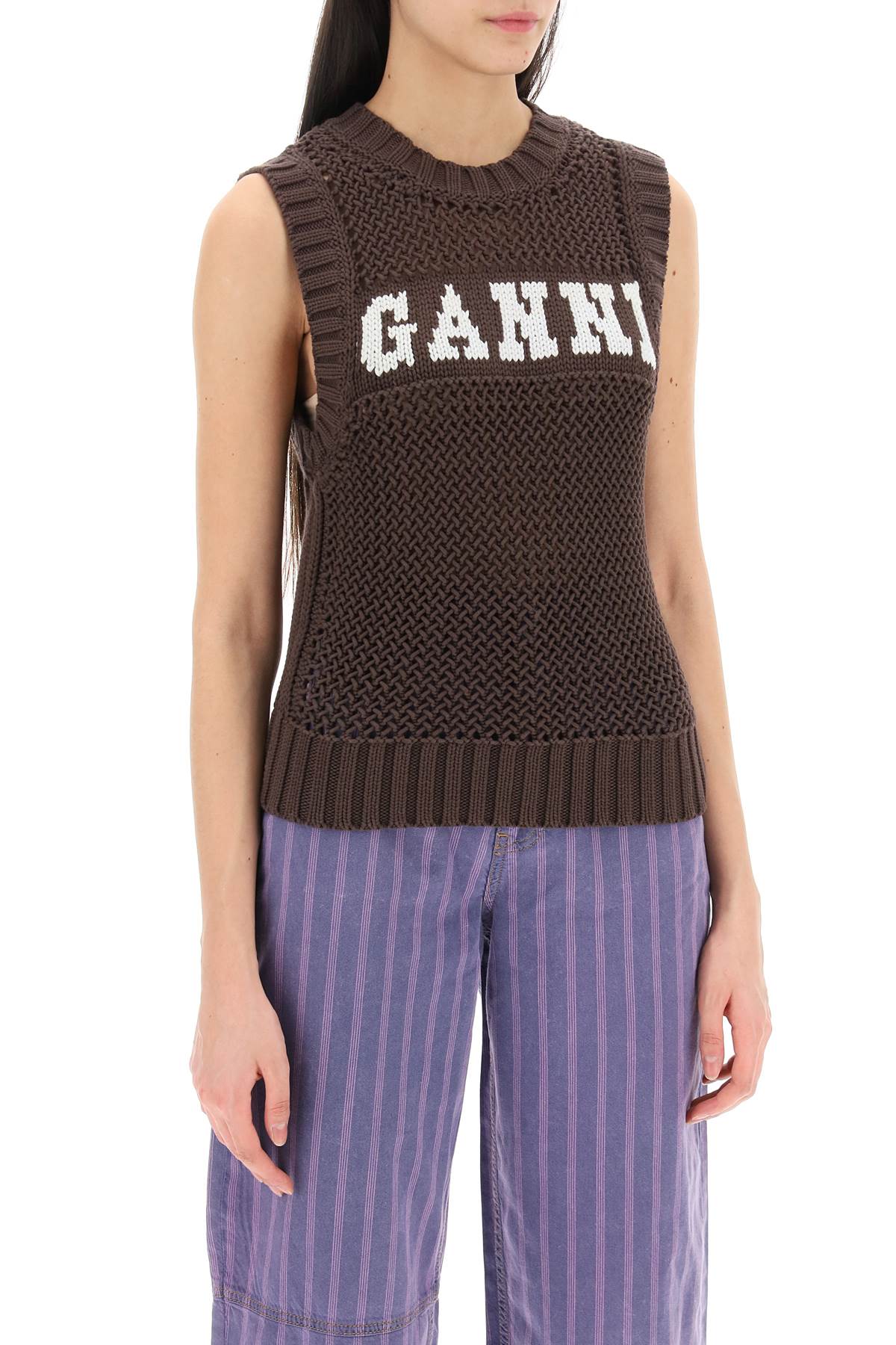 Ganni Ganni open-stitch knitted vest with logo