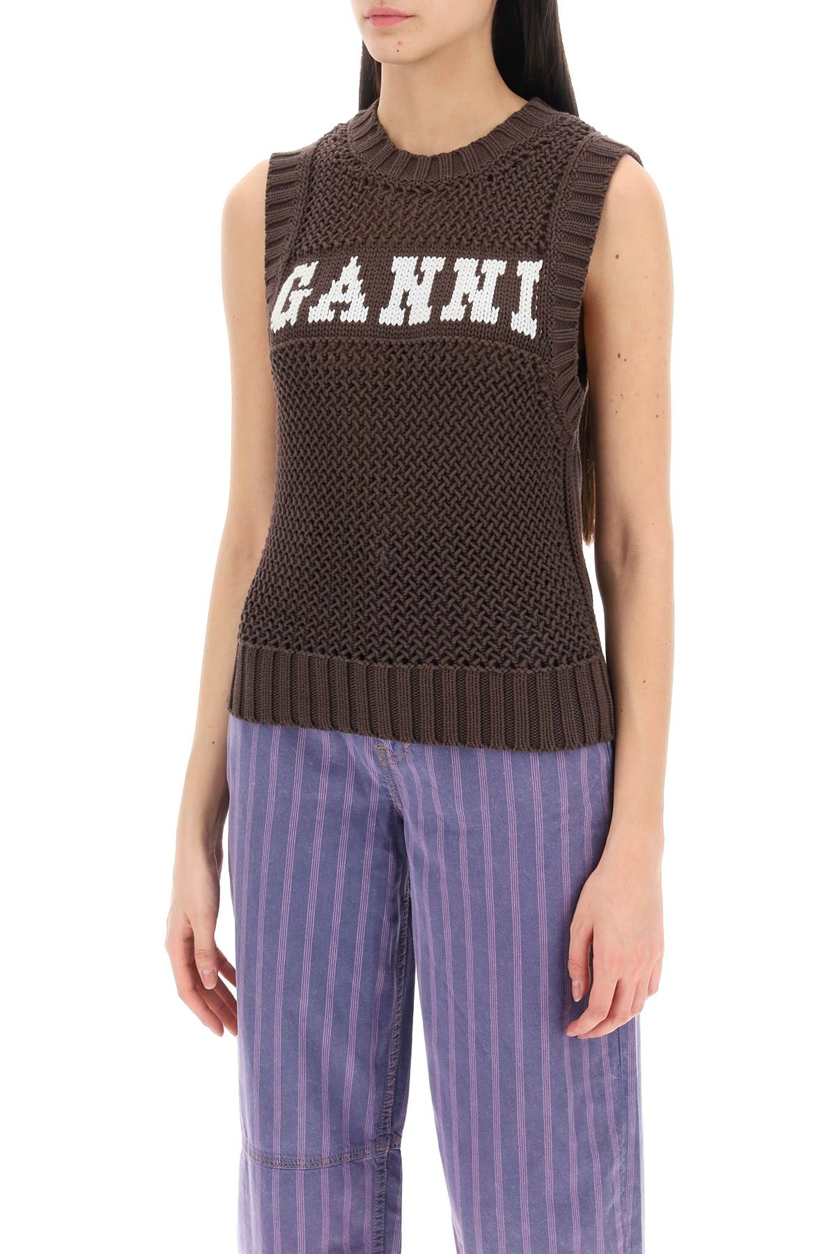 Ganni Ganni open-stitch knitted vest with logo