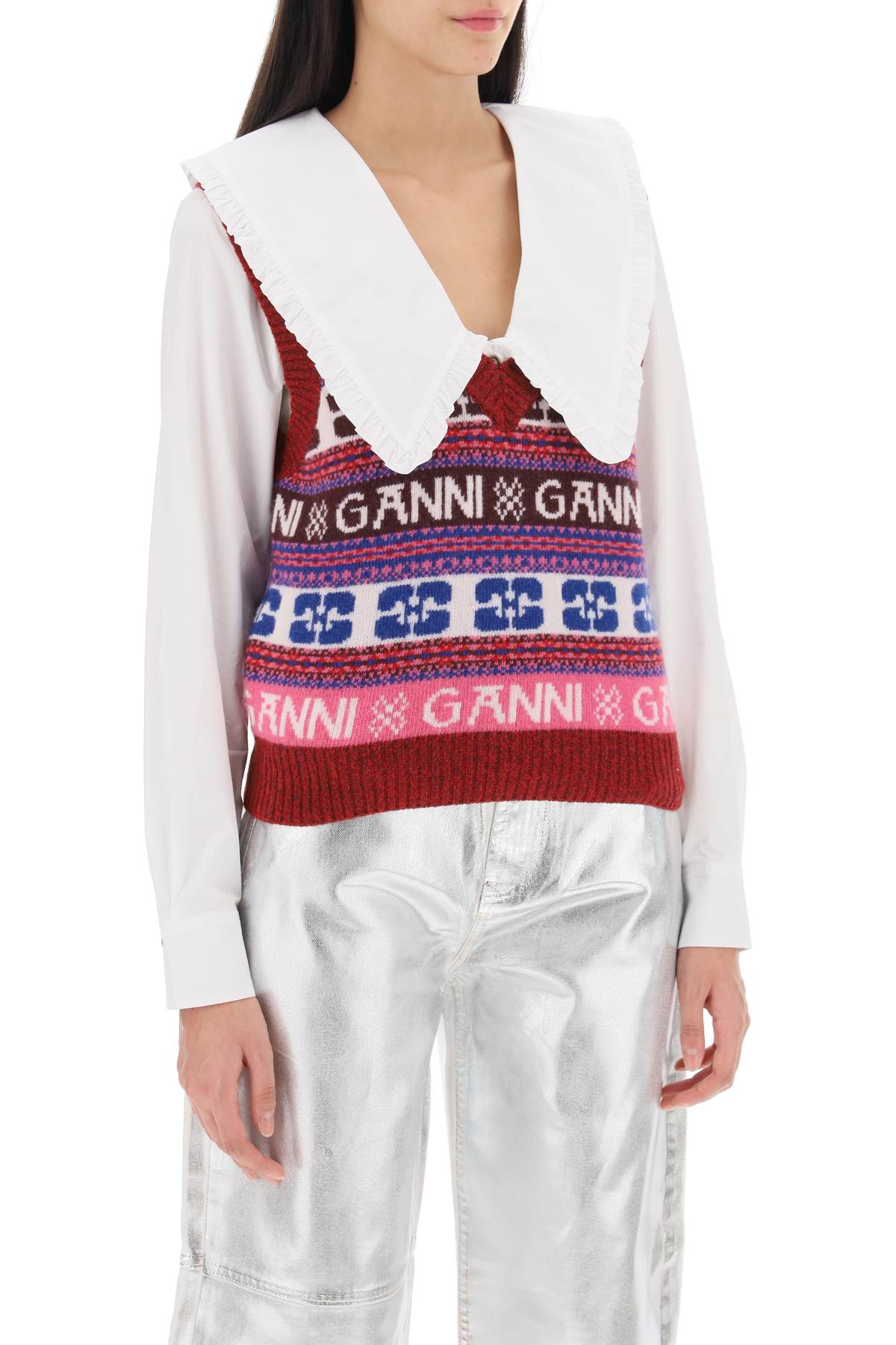 Ganni Ganni jacquard wool vest with logo pattern