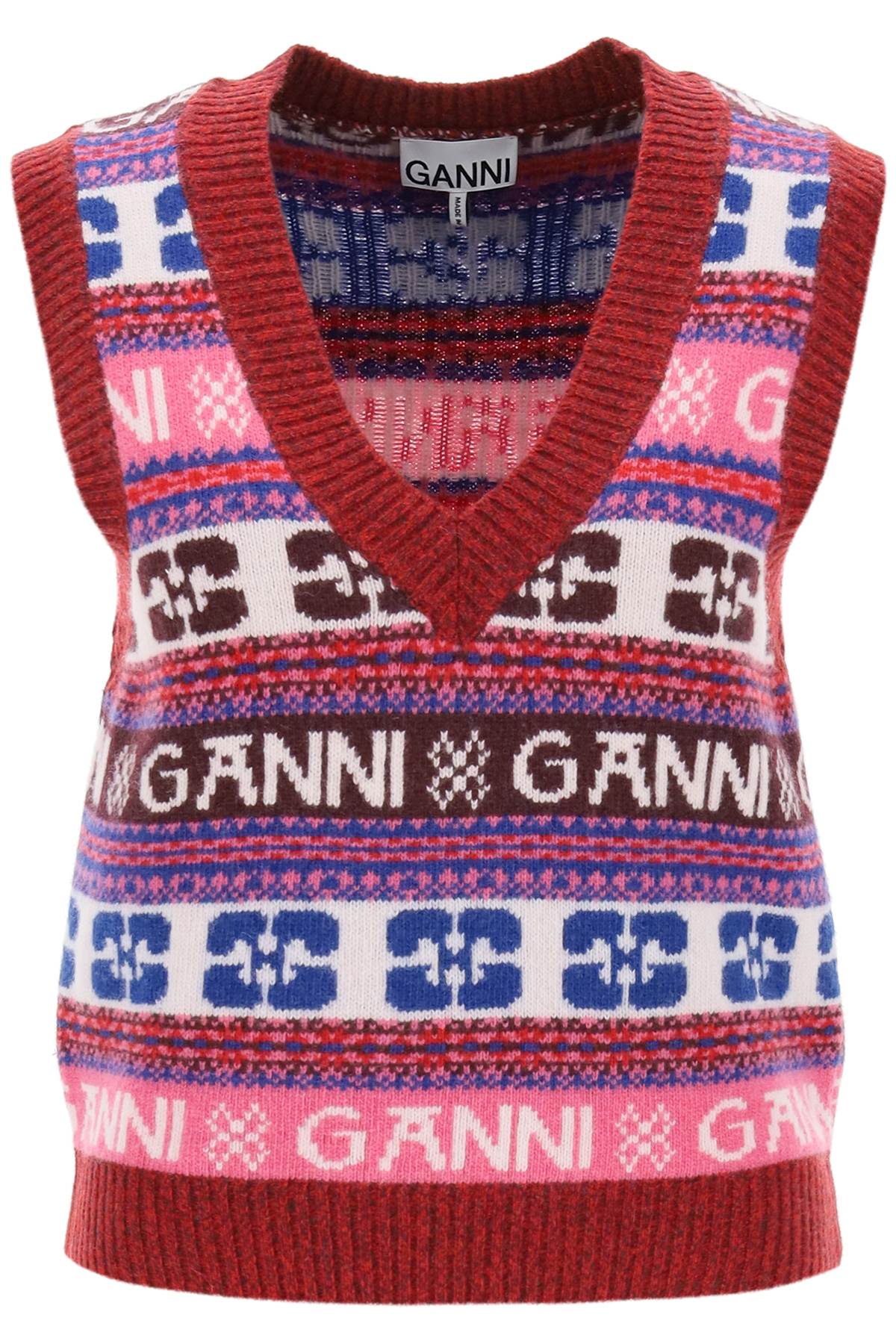 Ganni Ganni jacquard wool vest with logo pattern