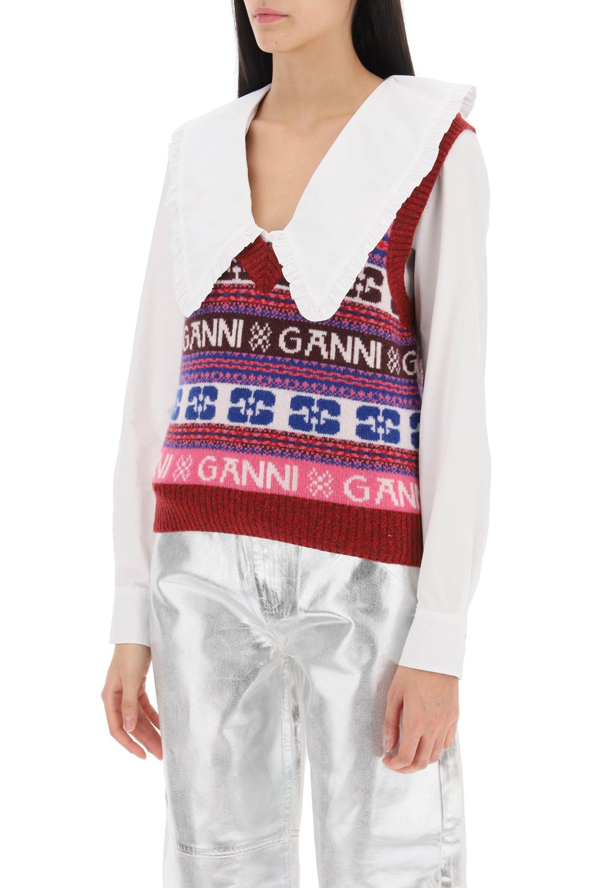 Ganni Ganni jacquard wool vest with logo pattern