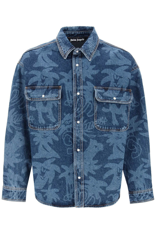 Palm Angels Palm angels 'palmity' overshirt in denim with laser print all-over