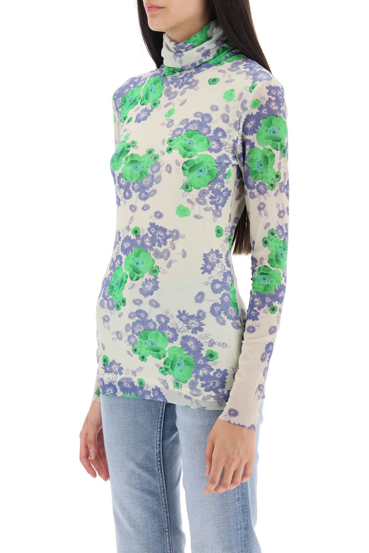 Ganni Ganni long-sleeved top in mesh with floral pattern