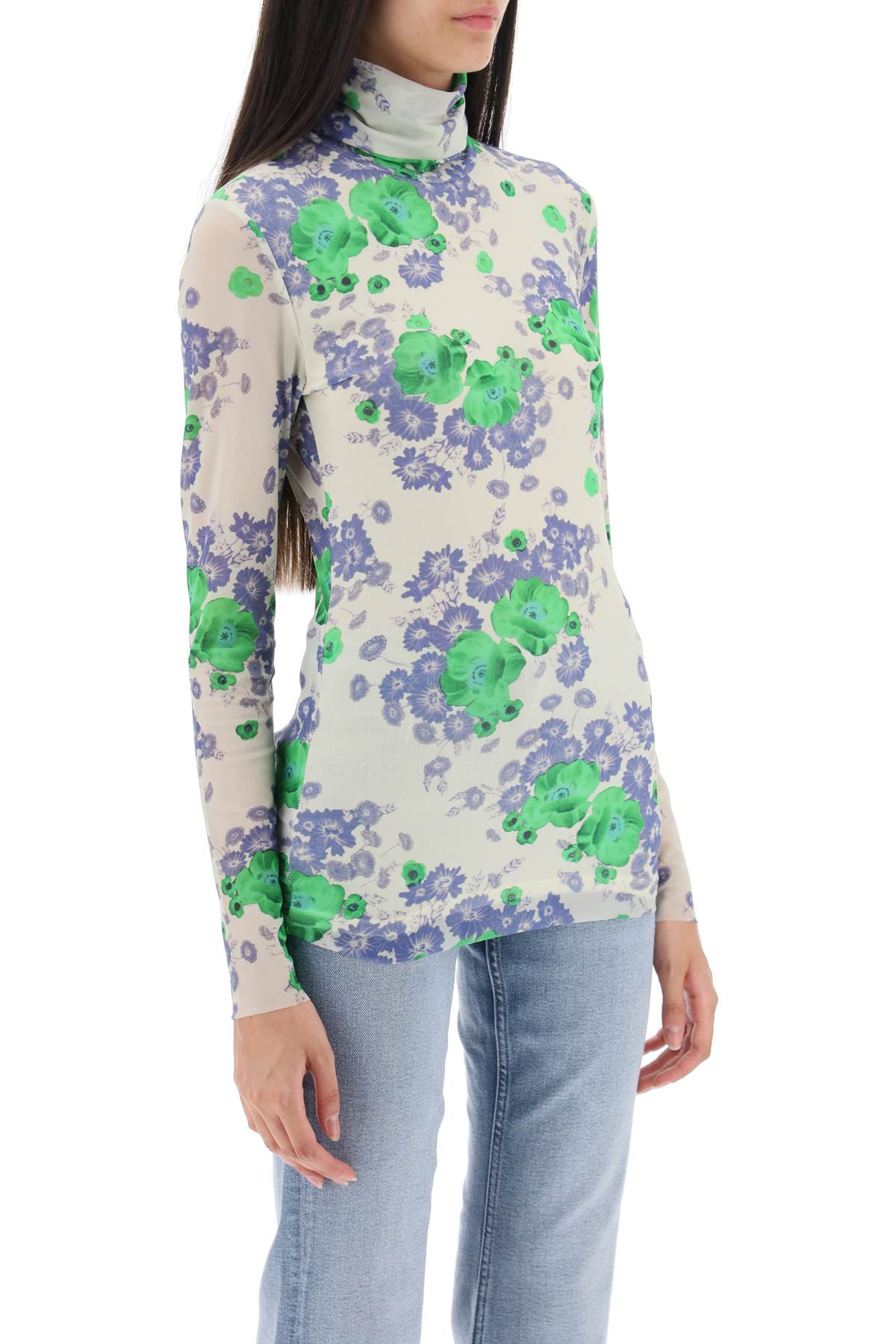 Ganni Ganni long-sleeved top in mesh with floral pattern