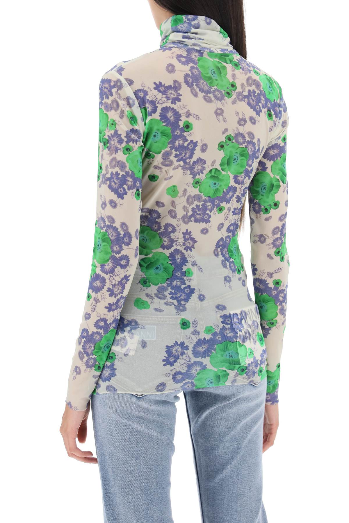 Ganni Ganni long-sleeved top in mesh with floral pattern